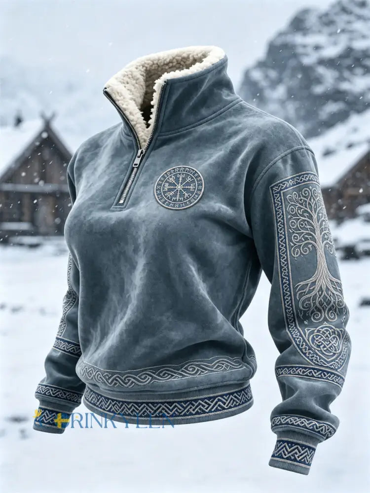 Damskjol med vikingmotiv Vegvisir Livets Träd keltisk knut och pälskrage – toppmodell - blå / S
