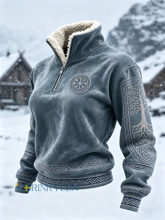 Damskjol med vikingmotiv Vegvisir Livets Träd keltisk knut och pälskrage – toppmodell - blå / S