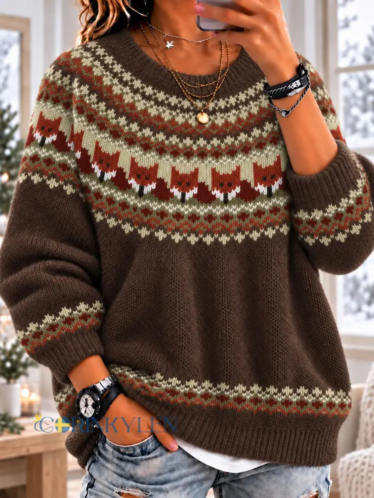 Damskjort i rustikt Fair Isle-mönster med räv långärmad och rund hals - som bild / S