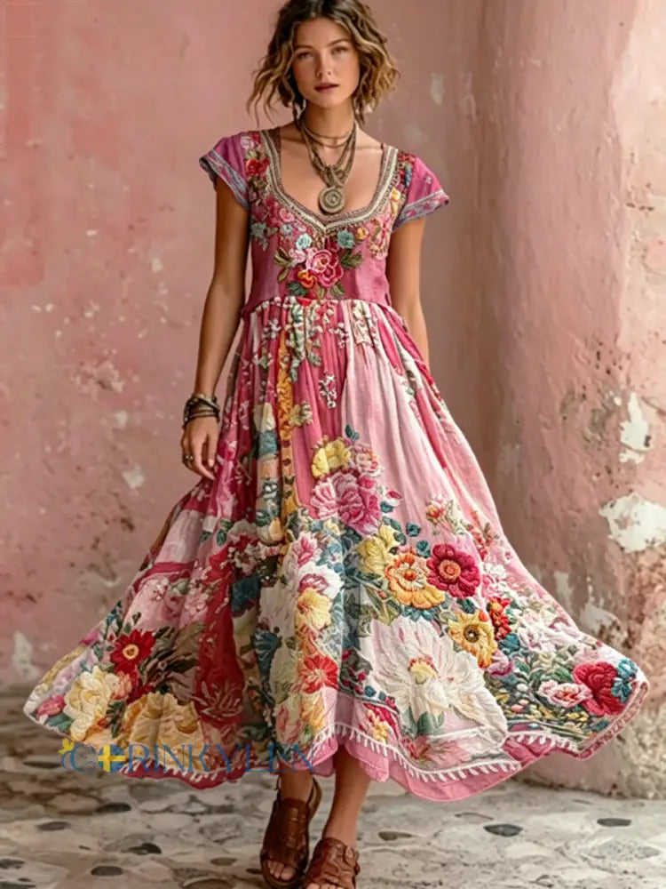 Damskjorta i bohemisk stil med blommig broderi rund halsringning och korta ärmar maxiklänning - runk / S