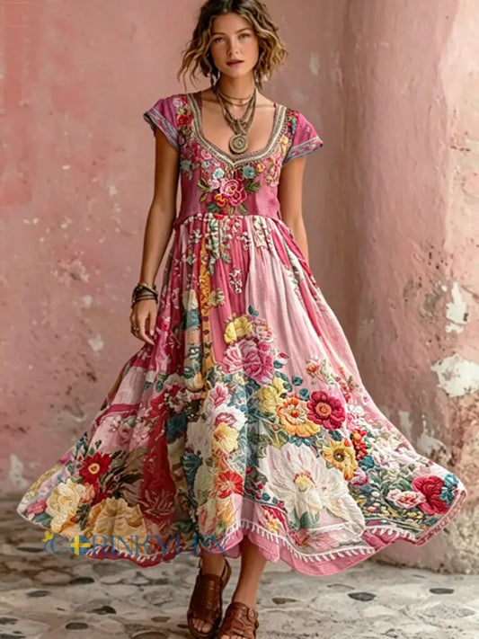 Damskjorta i bohemisk stil med blommig broderi rund halsringning och korta ärmar maxiklänning - runk / S