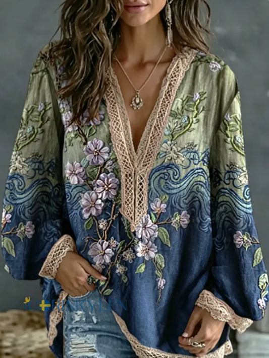 Damskjorta i linne med klassiskt graderat broderat mönster föreställande japanska sakurablommor och havsvågor