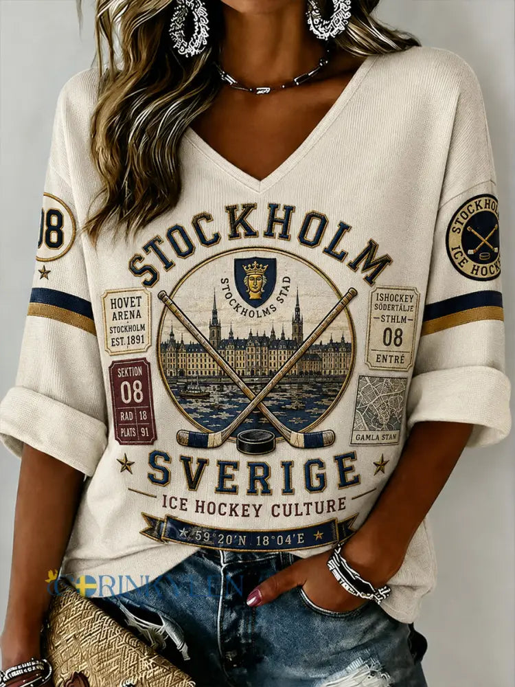 Damskjorta i linne med V-ringning Stockholms Ishockey 1891-mönster - A / S