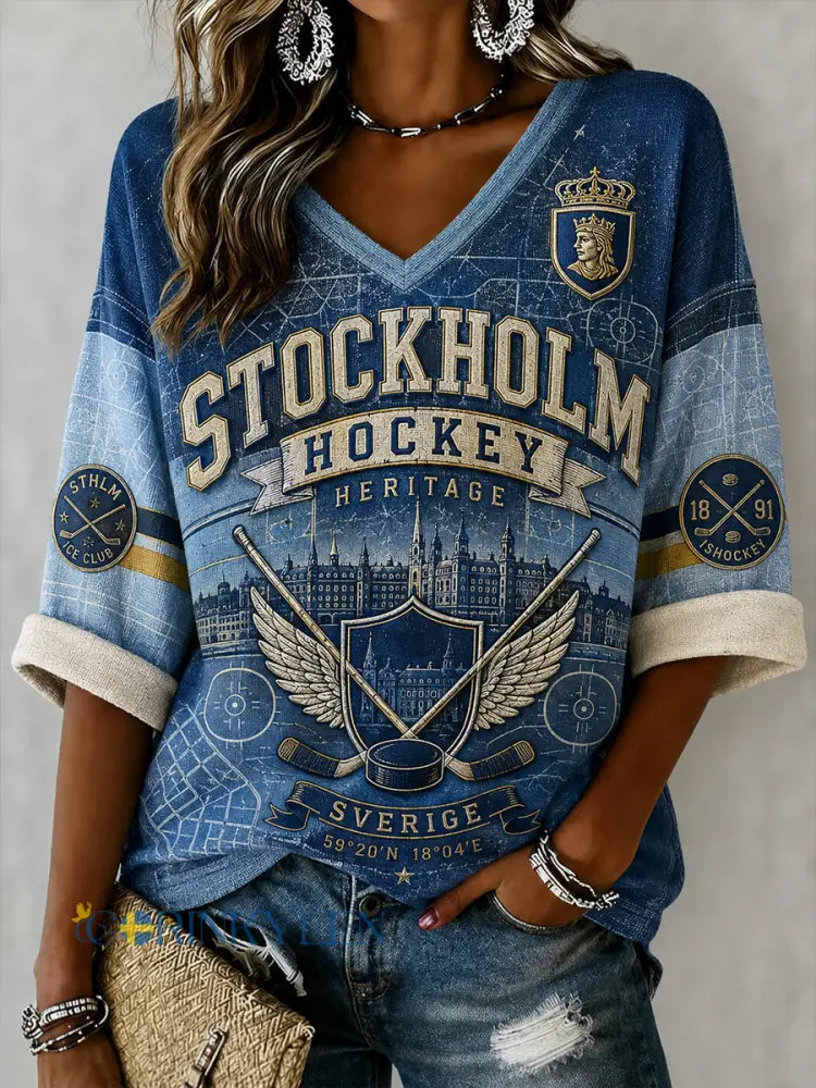 Damskjorta i linne med V-ringning Stockholms Ishockey 1891-mönster - A / S