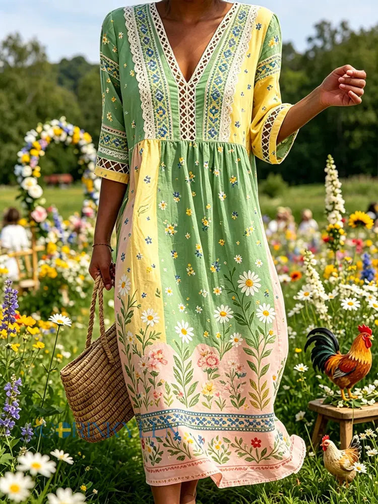 Damskjorta i midsommarstil med V-ringning och etniskt mönster - A / S
