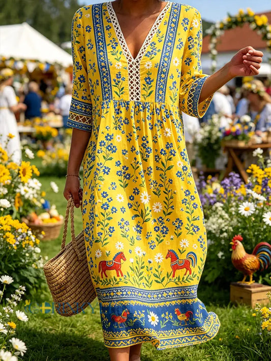 Damskjorta i midsommarstil med V-ringning och etniskt mönster - A / S
