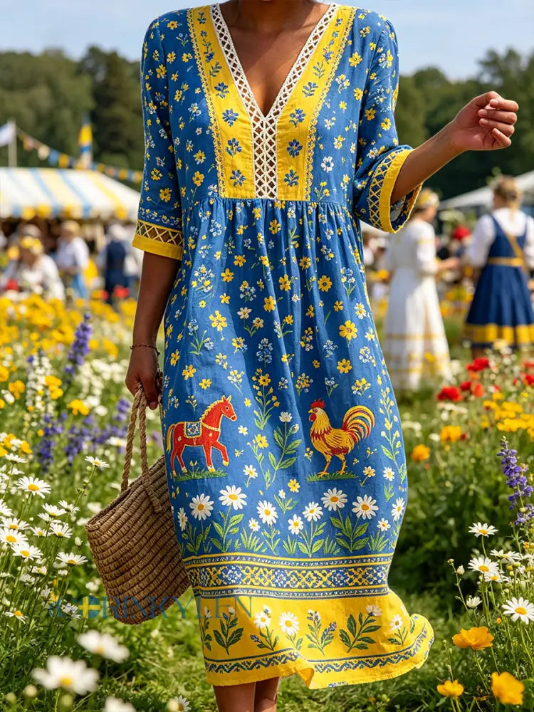 Damskjorta i midsommarstil med V-ringning och etniskt mönster - A / S