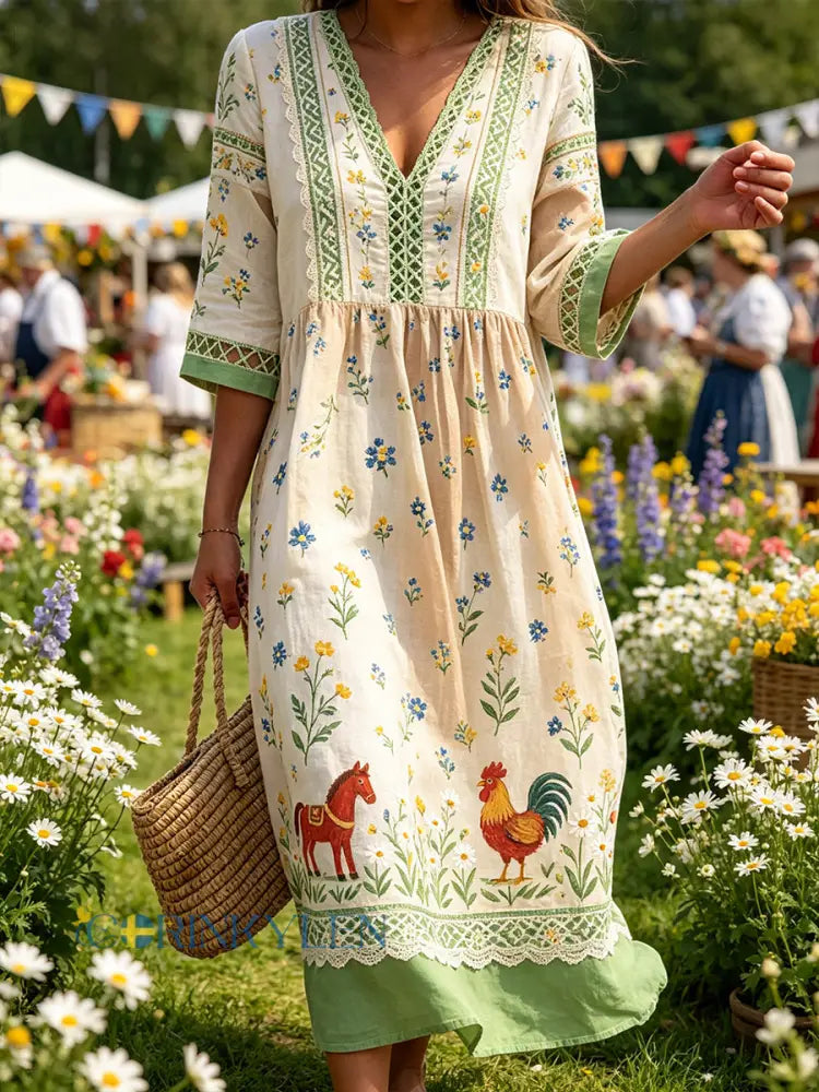 Damskjorta i midsommarstil med V-ringning och etniskt mönster - A / S