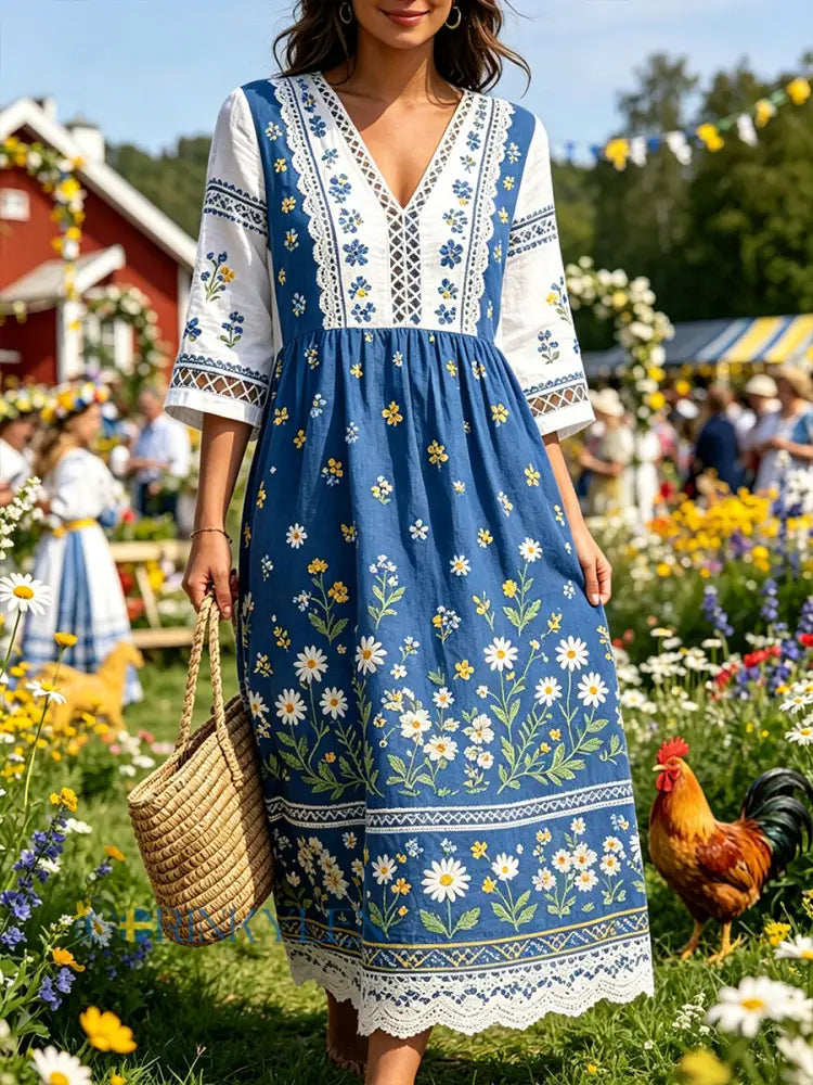 Damskjorta i midsommarstil med V-ringning och etniskt mönster - A / S