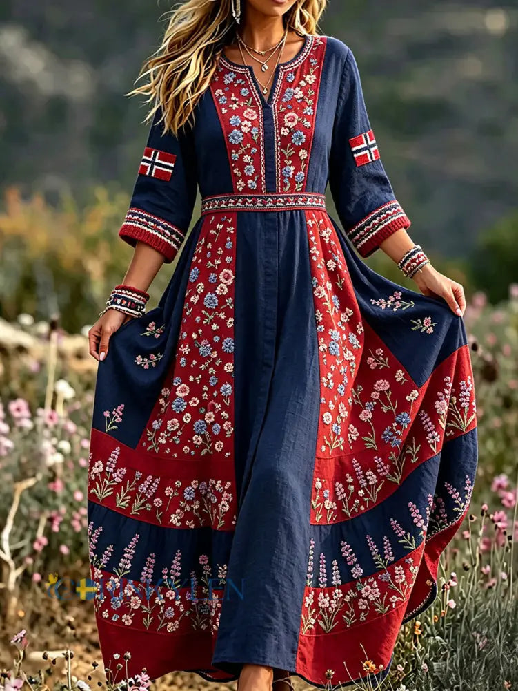 Damskjorta i nordisk skandinavisk stil med blommönster och konsttryck - som bild / S