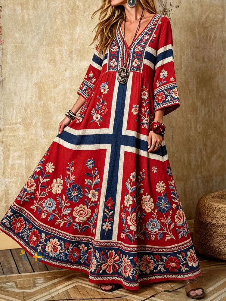 Damskjorta i nordisk skandinavisk stil med blommönster och linneklänning - röd / S