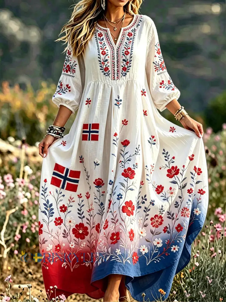 Damskjorta i nordisk skandinavisk stil med blommönster och linneklänning - som bild / S