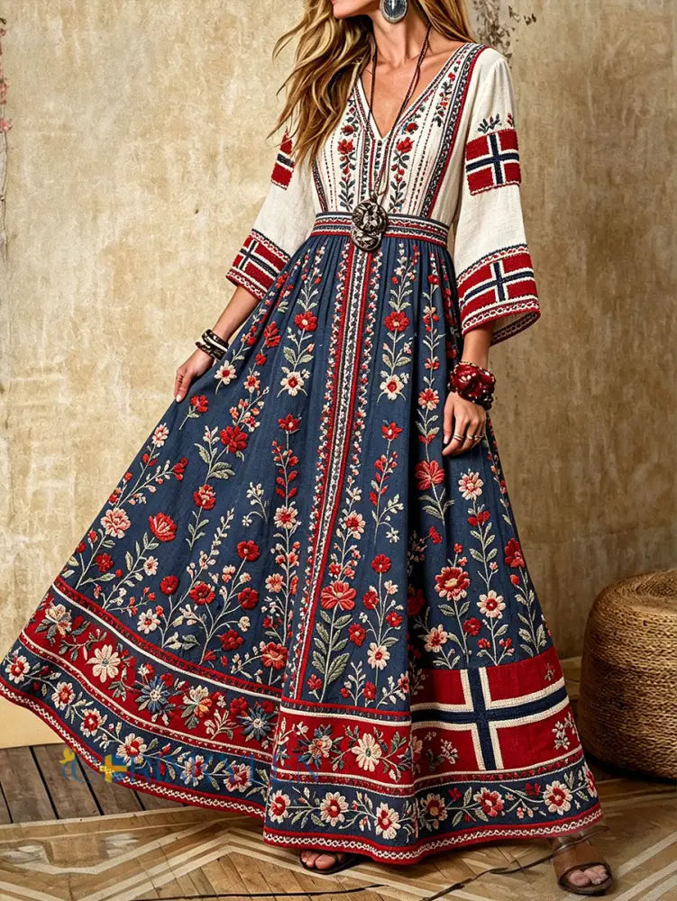 Damskjorta i nordisk skandinavisk stil med blommönster och linneklänning - som bild / S