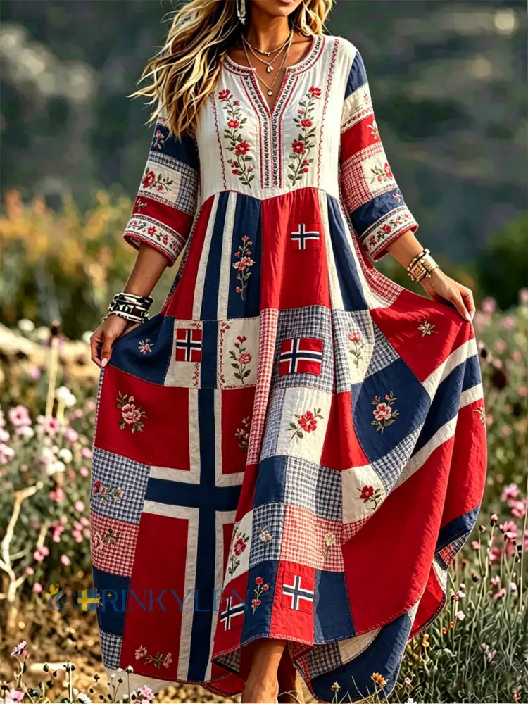 Damskjorta i nordisk skandinavisk stil med blommönster och linneklänning - som bild / S