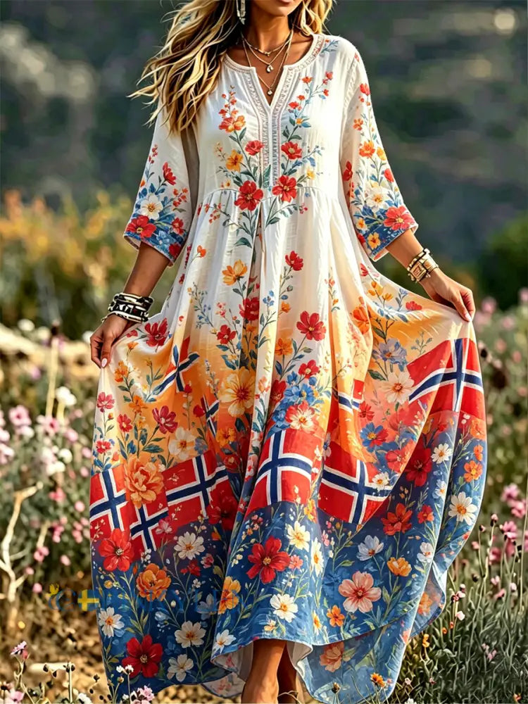 Damskjorta i nordisk skandinavisk stil med blommönster och linneklänning - som bild / S