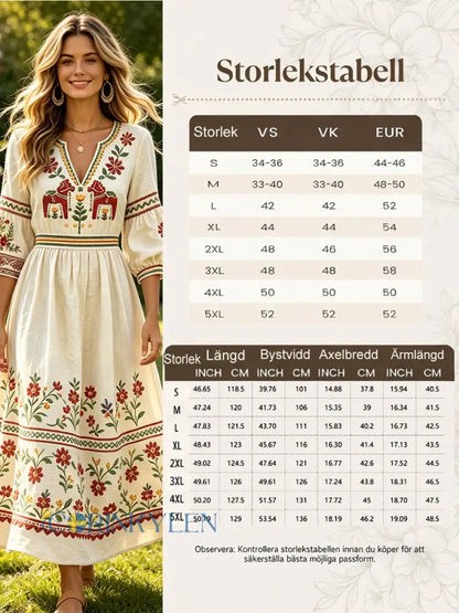 Damskjorta i offwhite med svensk midsommar- och dalahästmönster av bomull-linne med V-ringning – ledig stil