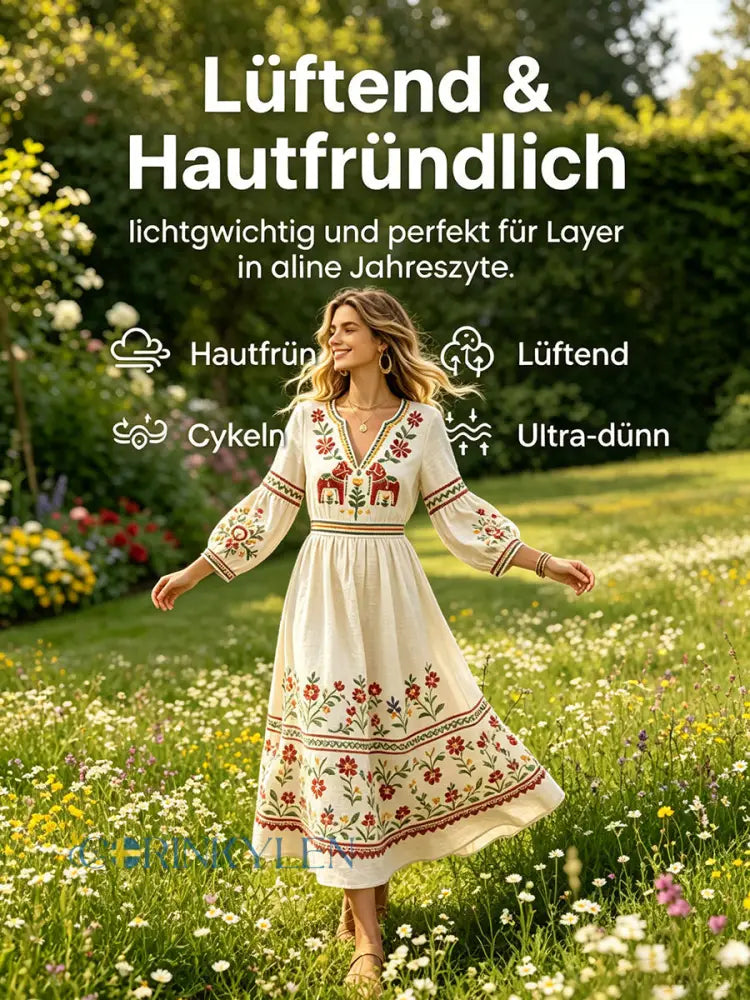 Damskjorta i offwhite med svensk midsommar- och dalahästmönster av bomull-linne med V-ringning – ledig stil