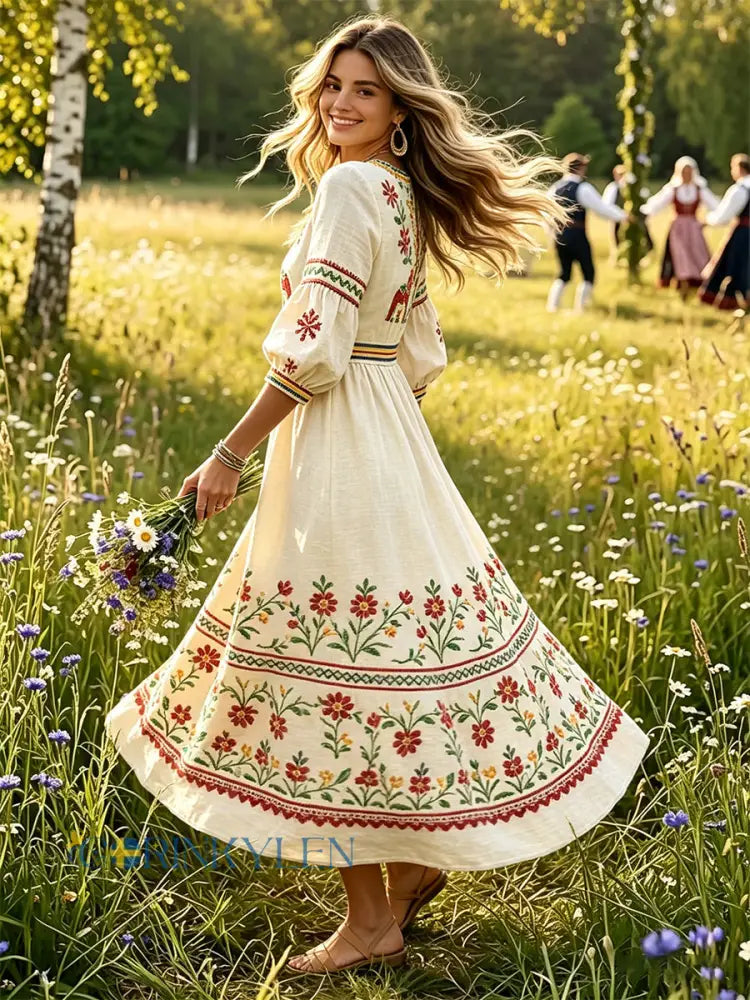 Damskjorta i offwhite med svensk midsommar- och dalahästmönster av bomull-linne med V-ringning – ledig stil