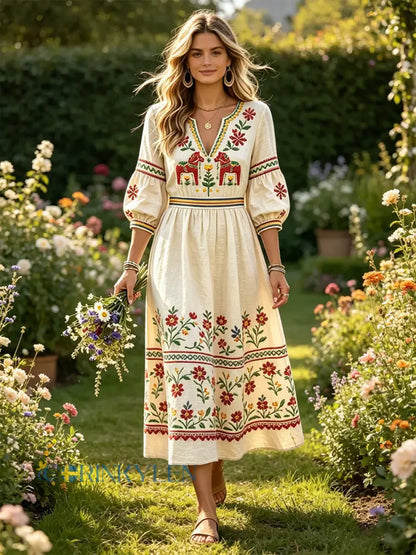 Damskjorta i offwhite med svensk midsommar- och dalahästmönster av bomull-linne med V-ringning – ledig stil