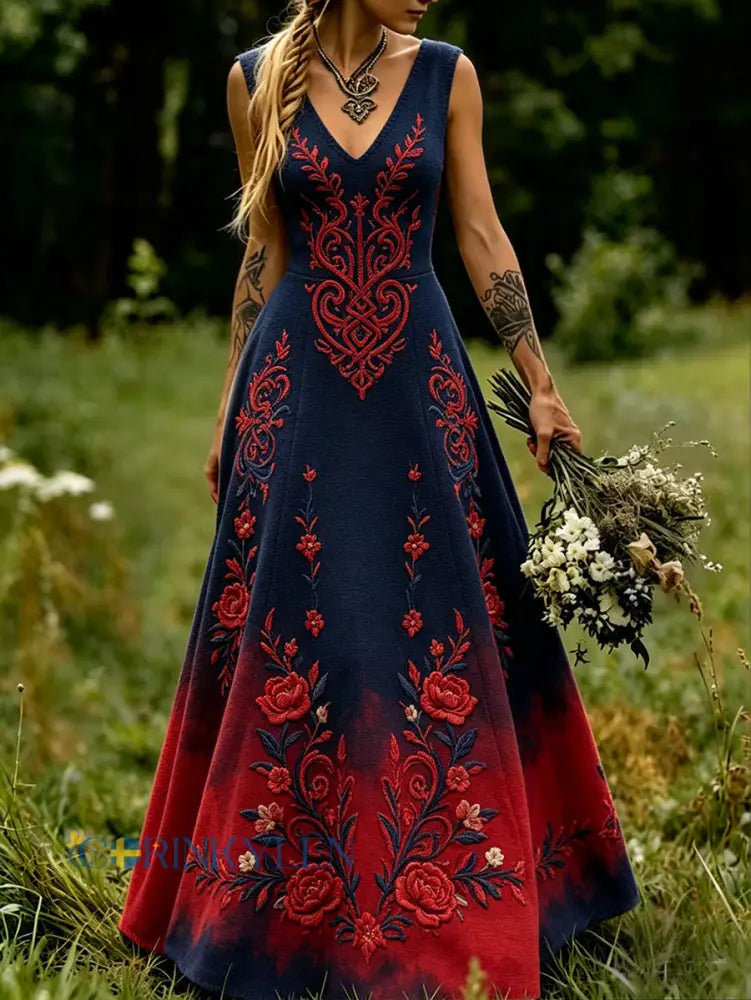 Damskjorta i skandinavisk stil med nordisk blommönstrad konsttryck - blå sjöfart / S