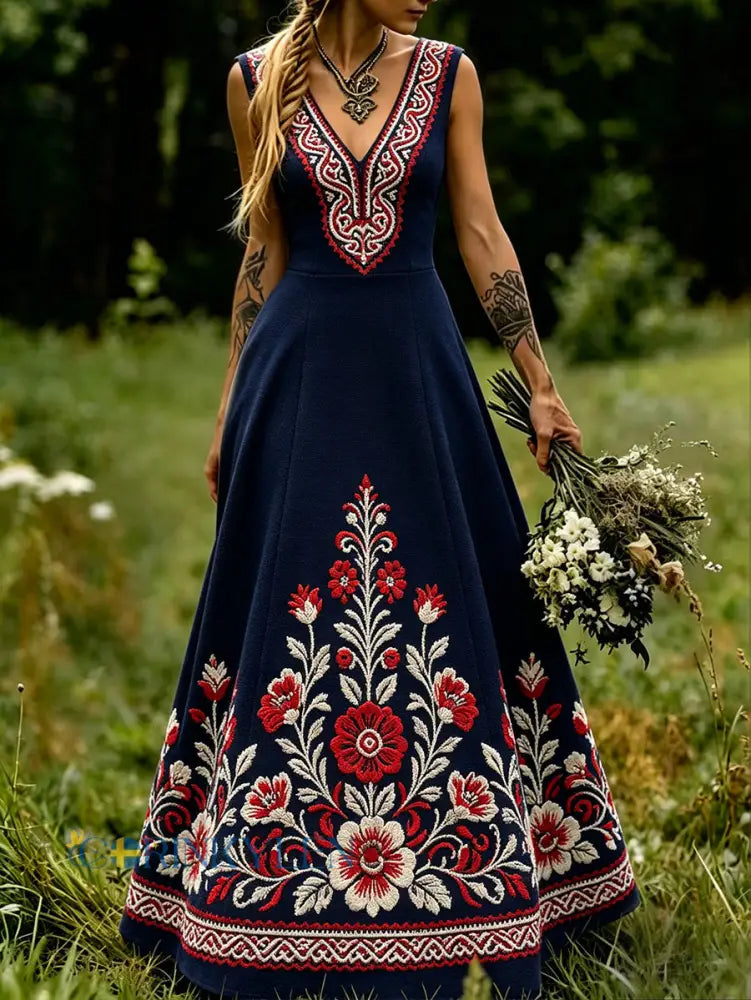 Damskjorta i skandinavisk stil med nordisk blomster- och vikingamotiv - blå sjöfart / S