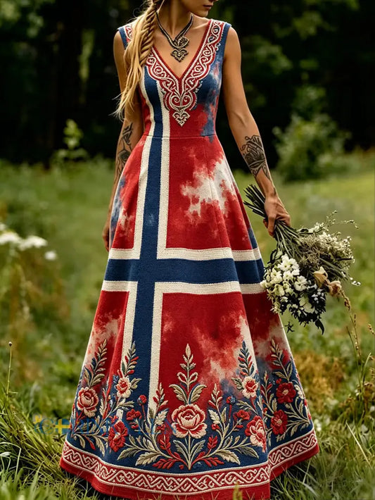 Damskjorta i skandinavisk stil med nordisk blomster- och vikingamotiv - som bild / S