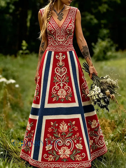 Damskjorta i skandinavisk stil med nordisk blomster- och vikingamotiv - som bild / S