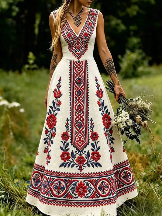 Damskjorta i skandinavisk stil med nordisk blomster- och vikingamotiv - vitt / S
