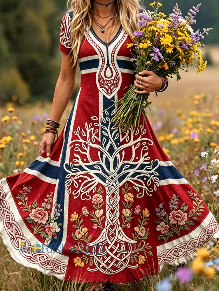 Damskjorta i skandinavisk stil med nordisk blomsterkonsttryck på linne - röd / S