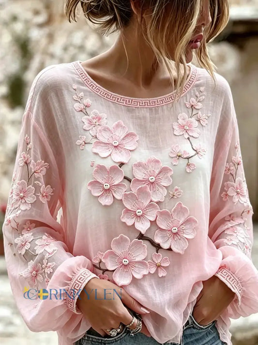 Damskjorta i vintagestil i bomull-linne med broderade blommor och tryckt patchwork - A / S