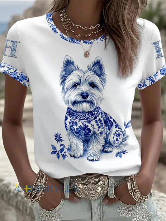 Damskjorta med djurmotiv och hund i retrostil unisex avslappnad t-shirt med korta ärmar - vitt / S