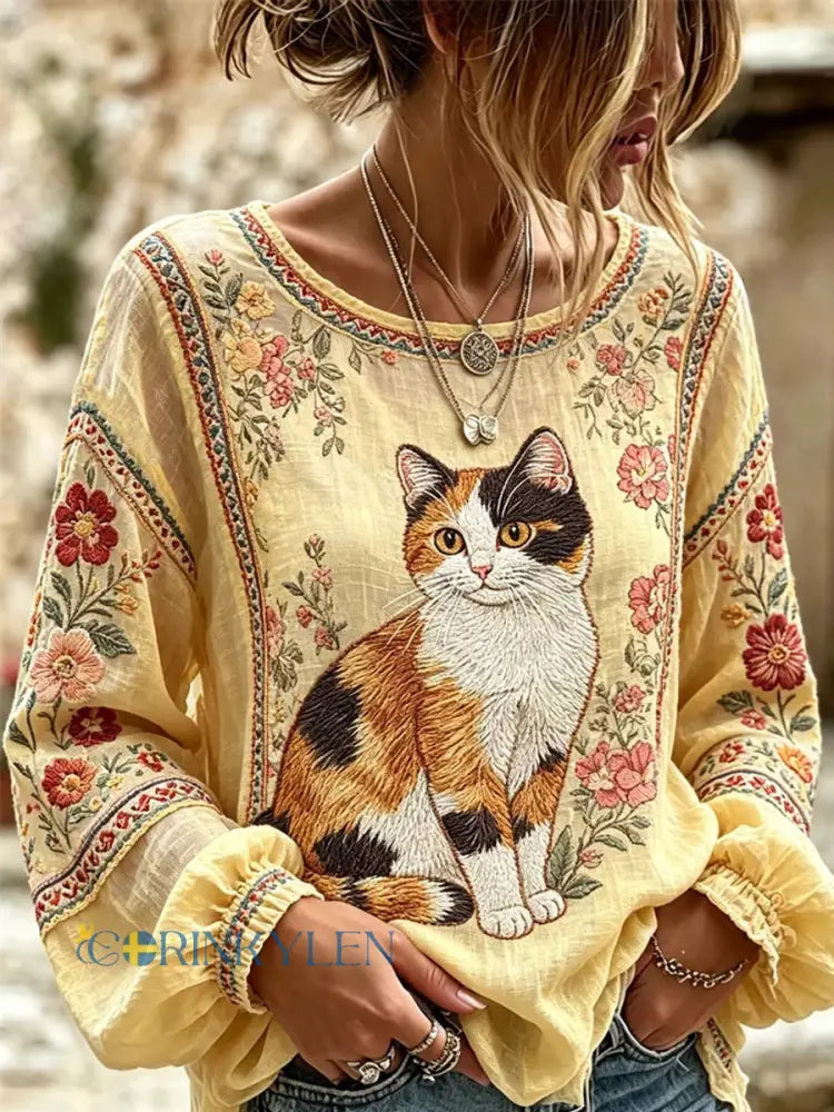 Damskjorta med kattbrodyr och print - som bild / S