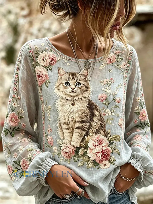 Damskjorta med kattbrodyr och print - som bild / S