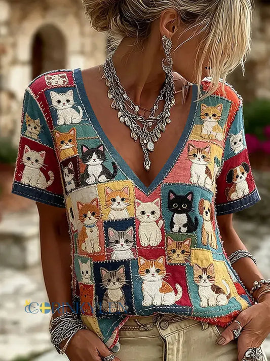 Damskjorta med kattmönster avslappnad stil - som bild / S