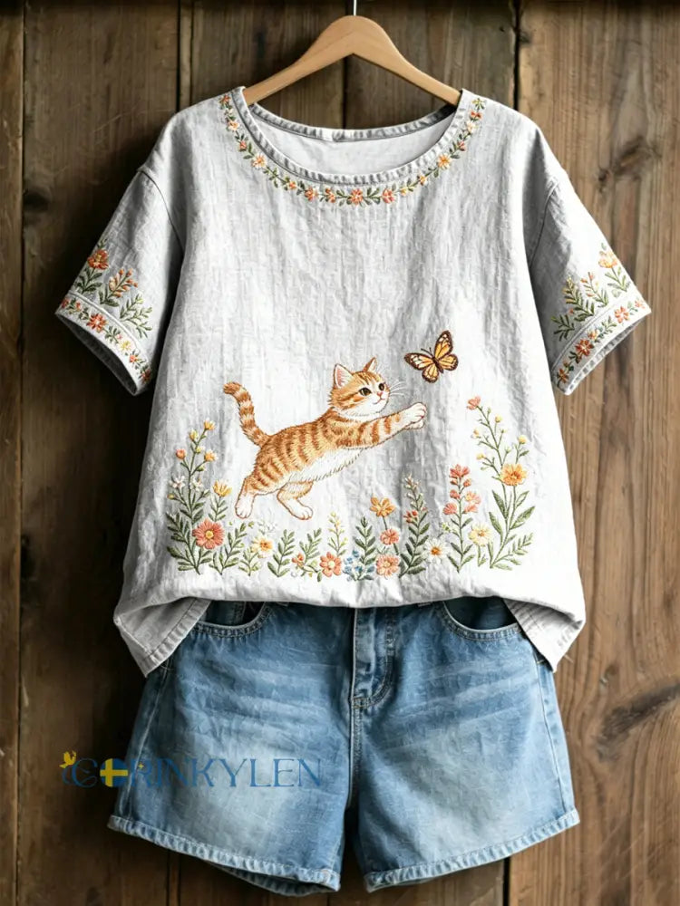 Damskjortor med växter och blommor söt katttryck ledig t-shirt - vitt / S