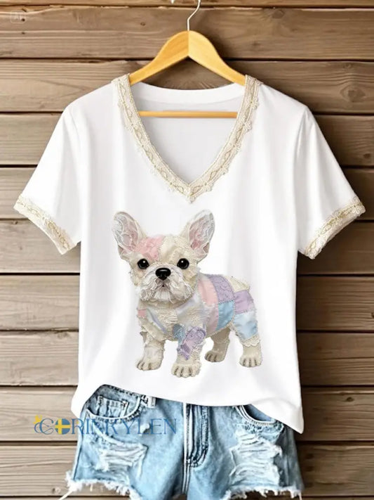 Damskonst Hund Kant Patchwork Tryckt V-ringning T-shirt - vitt / S