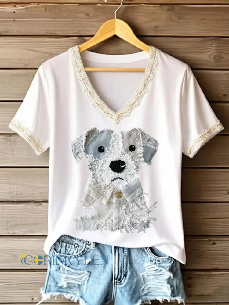 Damskonst Hund spets Lappverk Tryckt V-hals T-shirt - vitt / S
