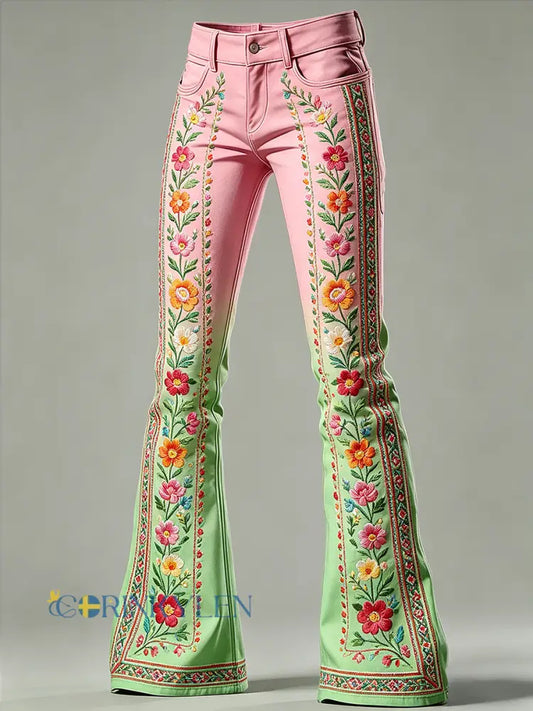 Damslag med blommor konsttryck utsvängda byxor - runk / S