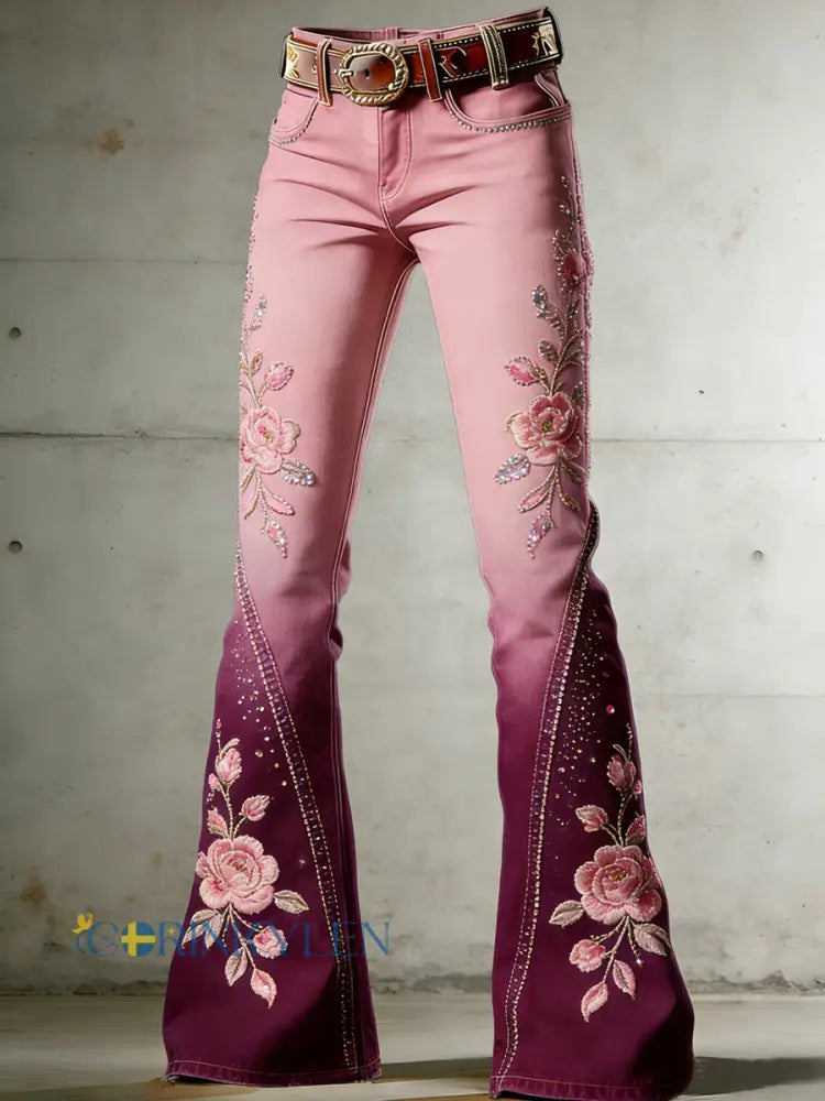 Damslaggbyxor med blommig konstmotiv - mörk rosa / S