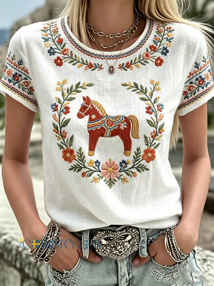 Damsommarblomsterprint avslappnad t-shirt - som bild / S