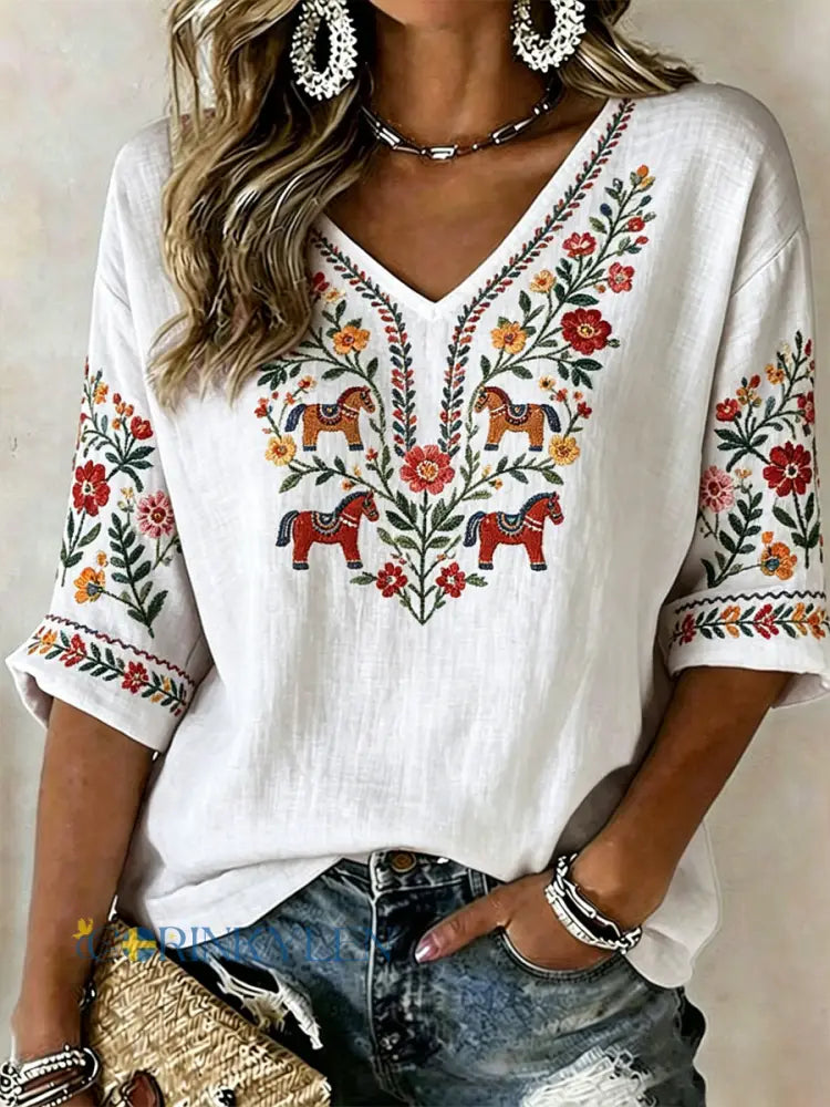 Damsommarblomsterprint avslappnad t-shirt - som bild / S