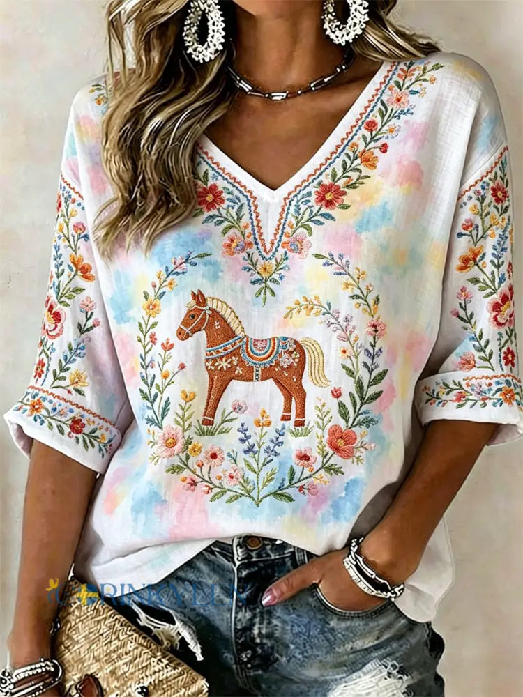 Damsommarblomsterprint avslappnad t-shirt - som bild / S
