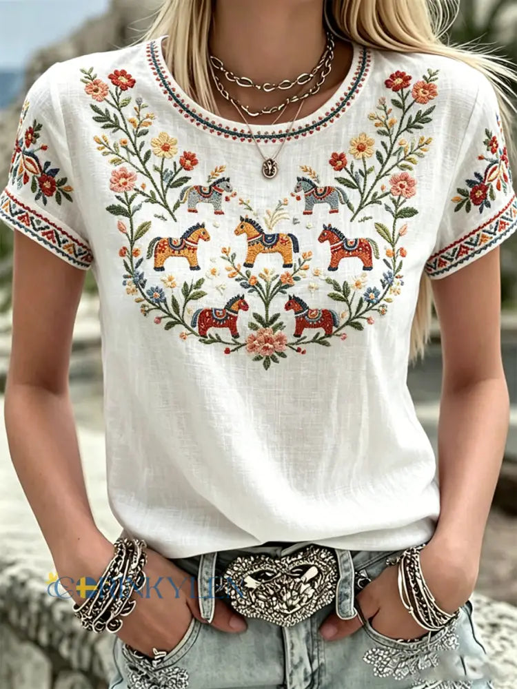 Damsommarblomsterprint avslappnad t-shirt - vitt / S