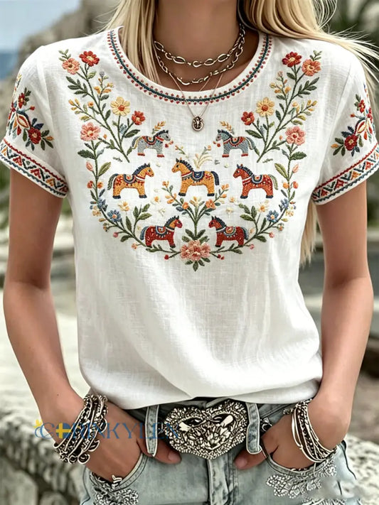 Damsommarblomsterprint avslappnad t-shirt - vitt / S