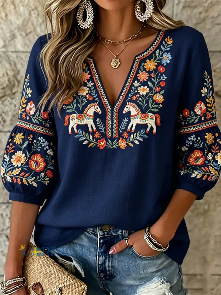 Damsommarblus med svensk midsommartryck ledig stil - som bild / S