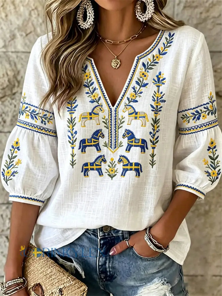 Damsommarblus med svensk midsommartryck ledig stil - som bild / S