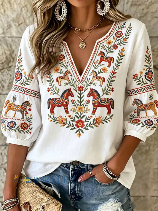 Damsommarblus med svensk midsommartryck ledig stil - som bild / S