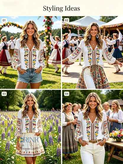 Damsommarblus med V-ringning och puffärmar sommarfesttema