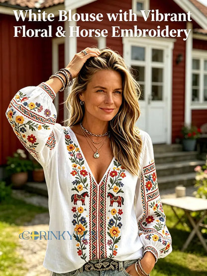 Damsommarblus med V-ringning och puffärmar sommarfesttema