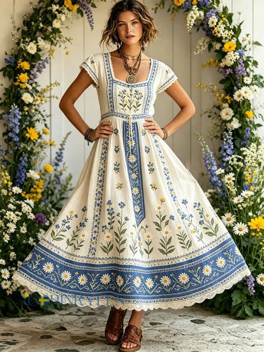 Damsommarlik klänning i lantlig stil med blommönster - A / S